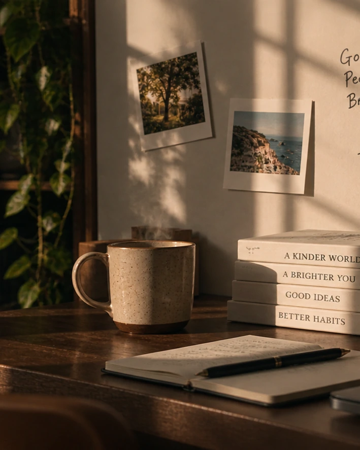 Books and two mugs on a wooden chair in warm window light