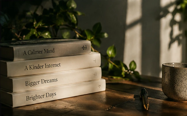 A stack of books titled A Calmer Mind, A Kinder Internet, Bigger Dreams, Brighter Days beside a mug