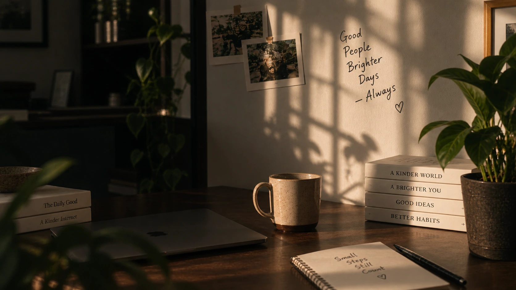 Sunlit desk with a mug, stacked books, a plant, and a handwritten note reading Good People, Brighter Days, Always
