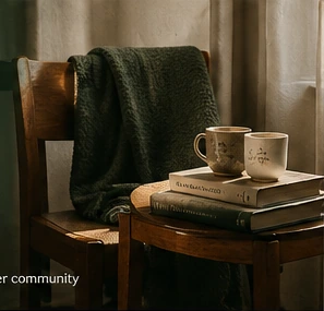 Two mugs and books resting on a wooden chair draped with a throw